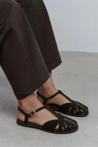 Nisantasi Shoes Wood DARK Brown Suede Leather Embroidery Detailed Flat Sole Women Sandals - Image 8