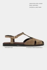 Nisantasi Shoes Wood ROME BEIGE Suede Leather Embroidery Detailed Flat Sole Women Sandals - Image 3