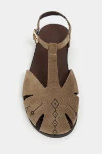 Nisantasi Shoes Wood ROME BEIGE Suede Leather Embroidery Detailed Flat Sole Women Sandals - Image 4