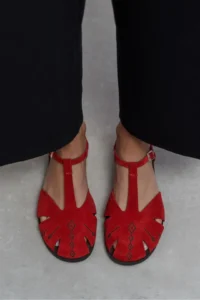 Nisantasi Shoes Wood Red SUEDE Leather Embroidery Detailed Flat Sole Women Sandals - Image 2