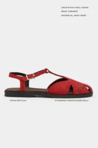 Nisantasi Shoes Wood Red SUEDE Leather Embroidery Detailed Flat Sole Women Sandals - Image 3