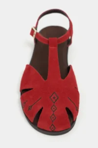 Nisantasi Shoes Wood Red SUEDE Leather Embroidery Detailed Flat Sole Women Sandals - Image 4