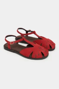 Nisantasi Shoes Wood Red SUEDE Leather Embroidery Detailed Flat Sole Women Sandals - Image 6