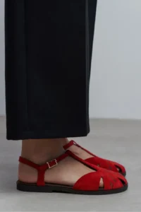 Nisantasi Shoes Wood Red SUEDE Leather Embroidery Detailed Flat Sole Women Sandals - Image 7