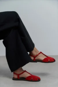 Nisantasi Shoes Wood Red SUEDE Leather Embroidery Detailed Flat Sole Women Sandals - Image 8
