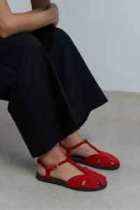 Nisantasi Shoes Wood Red SUEDE Leather Embroidery Detailed Flat Sole Women Sandals - Image 9