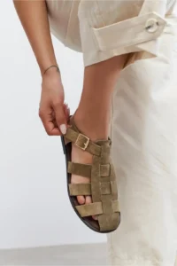 Nisantasi Shoes Orbit ROME BEIGE SUEDE GENUINE Leather Hair Clip Detailed Flat Sole Women Sandals - Image 8