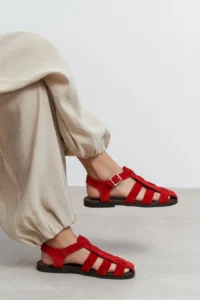 Nisantasi Shoes Orbit Red SUEDE GENUINE Leather Hair Clip Detailed Flat Sole Women Sandals - Image 7