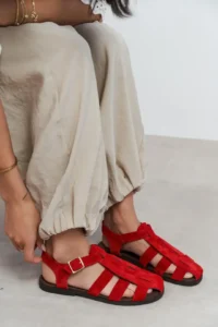 Nisantasi Shoes Orbit Red SUEDE GENUINE Leather Hair Clip Detailed Flat Sole Women Sandals - Image 8