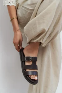 Nisantasi Shoes Spirit COFFEE MATTE Belt Hair Clip Detailed Flat Sole Women Slippers - Image 3