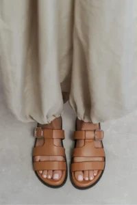 Nisantasi Shoes Spirit Tan MATTE Belt Hair Clip Detailed Flat Sole Women Slippers