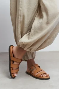 Nisantasi Shoes Spirit Tan MATTE Belt Hair Clip Detailed Flat Sole Women Slippers - Image 4