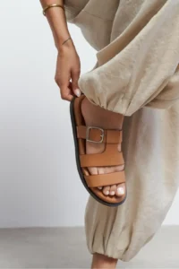 Nisantasi Shoes Spirit Tan MATTE Belt Hair Clip Detailed Flat Sole Women Slippers - Image 5