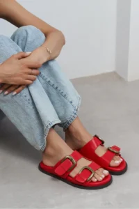 Nisantasi Shoes Ting Red MATTE Double Hair Clip Detailed Flat Sole Women Slippers - Image 7