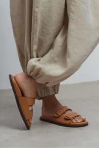 Nisantasi Shoes Cute Light Tan RUSTIC Double Banded Flat Sole Women Slippers - Image 2