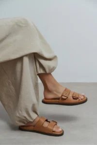 Nisantasi Shoes Cute Light Tan RUSTIC Double Banded Flat Sole Women Slippers - Image 8