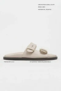 Nisantasi Shoes Cute BEIGE RUSTIC Double Banded Flat Sole Women Slippers - Image 3