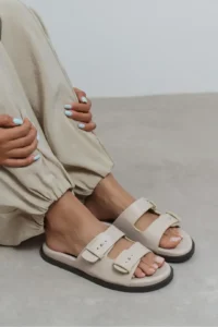 Nisantasi Shoes Cute BEIGE RUSTIC Double Banded Flat Sole Women Slippers - Image 8