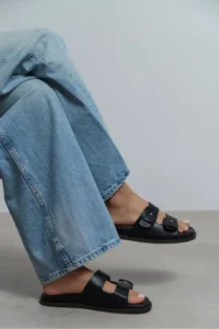 Nisantasi Shoes Cute Black RUSTIC Double Banded Flat Sole Women Slippers - Image 10
