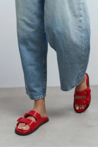 Nisantasi Shoes Cute Red RUSTIC Double Banded Flat Sole Women Slippers - Image 2