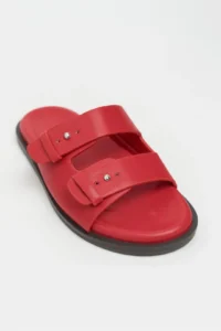 Nisantasi Shoes Cute Red RUSTIC Double Banded Flat Sole Women Slippers - Image 4