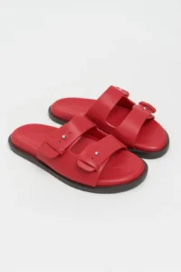 Nisantasi Shoes Cute Red RUSTIC Double Banded Flat Sole Women Slippers - Image 7