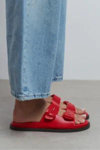 Nisantasi Shoes Cute Red RUSTIC Double Banded Flat Sole Women Slippers - Image 9