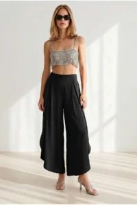 Olalook Women's Black Pleated Leg Detailed Flared Palazzo Trousers - Image 2