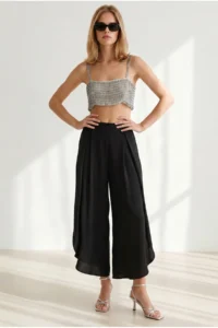 Olalook Women's Black Pleated Leg Detailed Flared Palazzo Trousers - Image 3