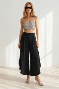 Olalook Women's Black Pleated Leg Detailed Flared Palazzo Trousers - Image 4