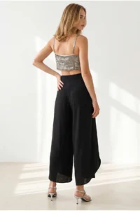 Olalook Women's Black Pleated Leg Detailed Flared Palazzo Trousers - Image 5