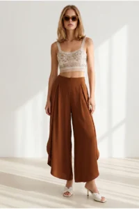 Olalook Women's Tile Pleated Leg Detailed Flared Palazzo Trousers