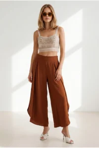 Olalook Women's Tile Pleated Leg Detailed Flared Palazzo Trousers - Image 2