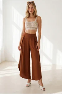 Olalook Women's Tile Pleated Leg Detailed Flared Palazzo Trousers - Image 3
