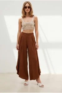 Olalook Women's Tile Pleated Leg Detailed Flared Palazzo Trousers - Image 4
