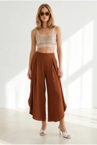 Olalook Women's Tile Pleated Leg Detailed Flared Palazzo Trousers - Image 5