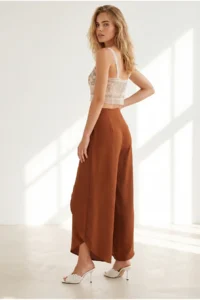 Olalook Women's Tile Pleated Leg Detailed Flared Palazzo Trousers - Image 6