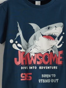 LCW Kids Indigo Crew Neck Jaws Printed Combed Cotton Boys' T-Shirt - Image 3
