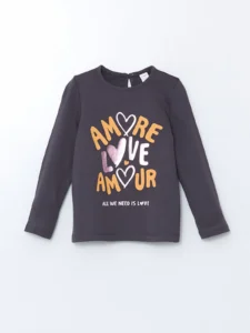 LCW Kids Anthracite Crew Neck Printed Girls' T-Shirt