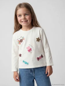 LCW Kids White Crew Neck Printed Girls' T-Shirt