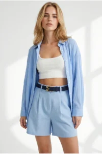 Olalook Women's Baby Blue Pleated Linen Shorts with Pockets - Image 3