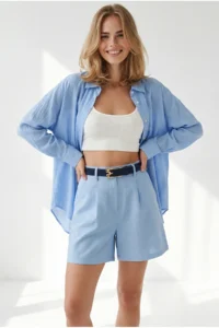 Olalook Women's Baby Blue Pleated Linen Shorts with Pockets - Image 4