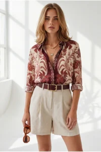 Olalook Women Stone with pocket pleated Linen Shorts