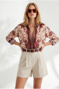 Olalook Women Stone with pocket pleated Linen Shorts - Image 2