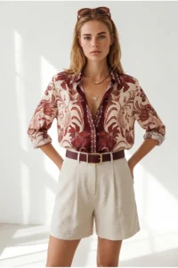 Olalook Women Stone with pocket pleated Linen Shorts - Image 4