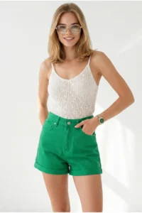 Olalook Women's Grass Green Fold-Leg Pocket Shorts - Image 3
