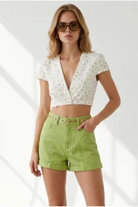 Olalook Women's Oil Green Leg Folded Stitching Detailed Pocket Shorts - Image 2