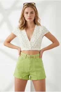 Olalook Women's Oil Green Leg Folded Stitching Detailed Pocket Shorts - Image 3