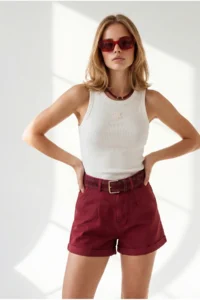 Olalook Women's Claret Red Side Pocket Fold Leg Shorts - Image 2