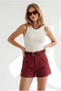 Olalook Women's Claret Red Side Pocket Fold Leg Shorts - Image 3